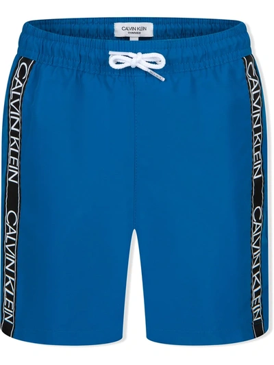 Calvin Klein Kids' Logo-tape Swim Shorts In Blue