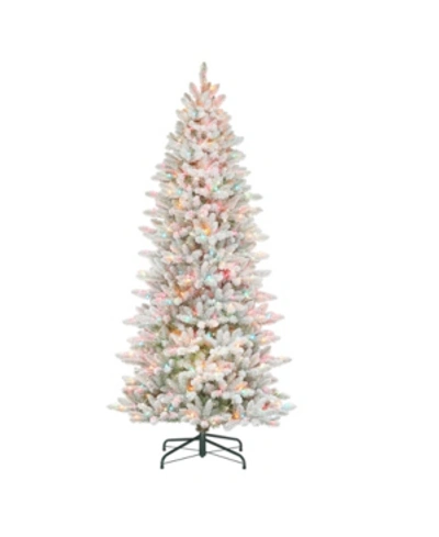 Puleo 7.5ft Pre-lit Slim Flocked Franklin Fir Artificial Christmas Tree In Green