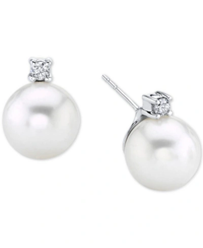 Macy's Cultured White South Sea Pearl (9mm) & Diamonds (1/10 Ct. T.w.) Stud Earrings In 14k White Gold