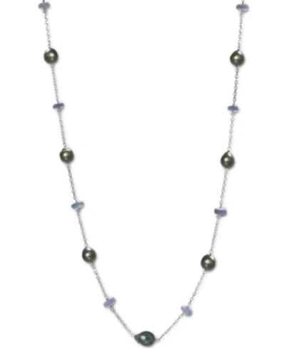 Macy's Cultured Tahitian Pearl (9mm) & Tanzanite (3 Ct. T.w.) 24" Statement Necklace In Sterling Silver