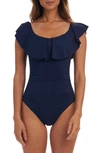 La Blanca Island Goddess Off-the-shoulder Ruffled Tummy-control One-piece Swimsuit Women's Swimsuit In Indigo