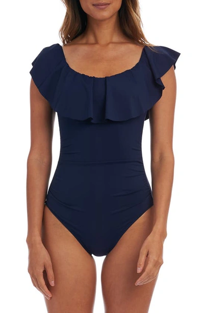 La Blanca Island Goddess Off-the-shoulder Ruffled Tummy-control One-piece Swimsuit Women's Swimsuit In Indigo