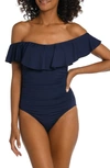 La Blanca Island Goddess Off-the-shoulder Ruffled Tummy-control One-piece Swimsuit Women's Swimsuit In Indigo