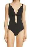 Lisa Marie Fernandez Scallop Bow Seersucker Maillot One-piece Swimsuit In Black Seersucker