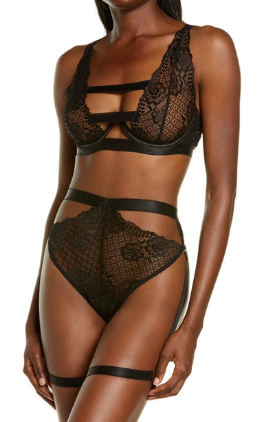 Oh La La Cheri Charisse Underwire Bra, Cutout Panties & Garter Stays Set In Black