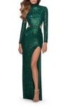 La Femme Sequin Long Sleeve Cutout Gown In Emerald