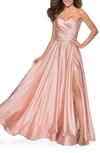 La Femme Strapless Slit Satin Ballgown In Blush