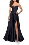 La Femme Pleated Bodice Strapless Satin Gown In Navy