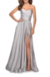 La Femme Pleated Bodice Strapless Satin Gown In Grey