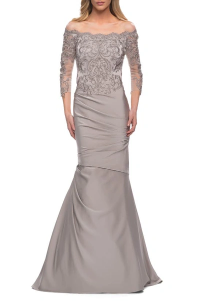 La Femme Lace Bodice Mermaid Gown In Light Gold