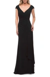La Femme Ruched Jersey Sheath Gown In Black