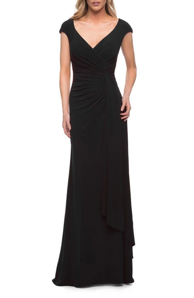 La Femme Ruched Jersey Sheath Gown In Black