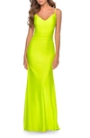 La Femme Open Back Jersey Trumpet Gown In Neon Yellow