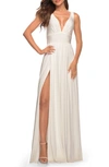 La Femme Plunge Neck A-line Gown In White