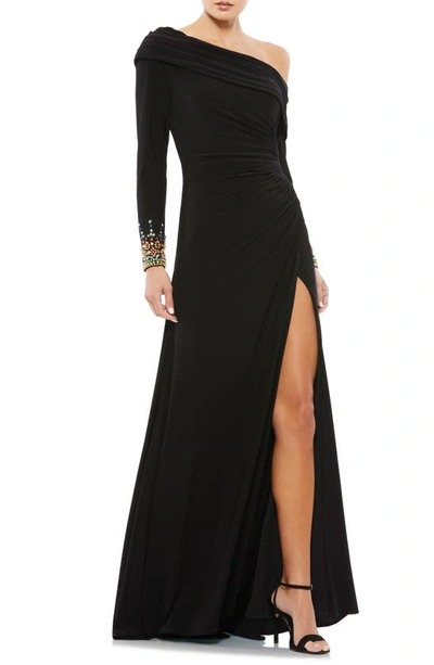 Mac Duggal One-shoulder Long Sleeve Jersey Gown In Black