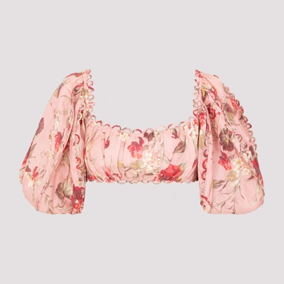 Zimmermann Cassia Cropped Scalloped Floral-print Linen Top In Pink,red