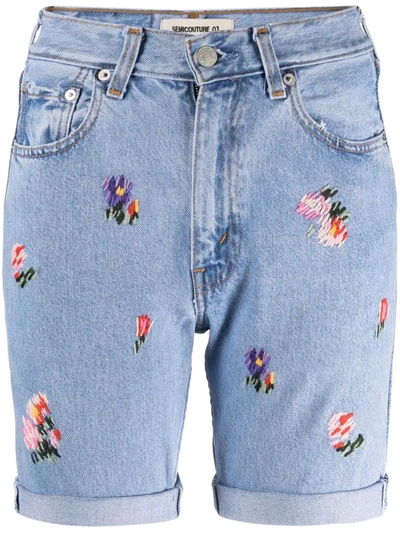 Semicouture Mathilde Floral-embroidered Denim Shorts In Blau