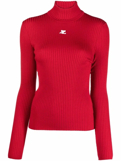 Courrèges Turtleneck Long-sleeve Rib Jumper In Red