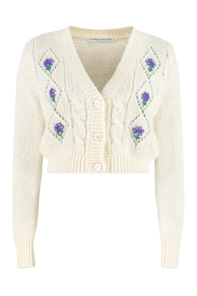 Alessandra Rich Floral-embroidered Wool Cardigan In White