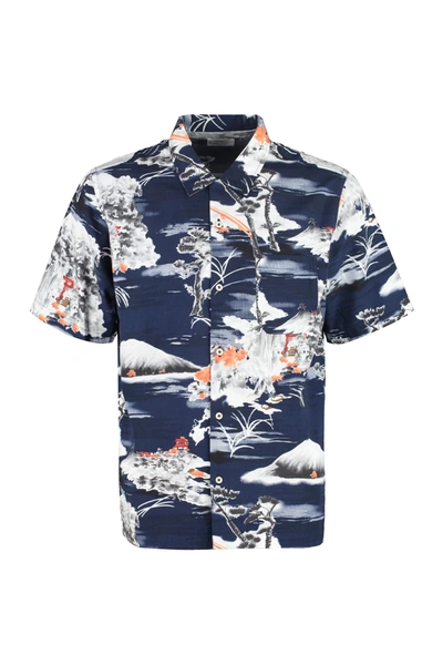 Universal Works Road Camp-collar Printed Cotton Shirt In Navy