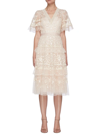 Needle & Thread 'francine' Floral Lace V-neck Midi Dress In Neutrals