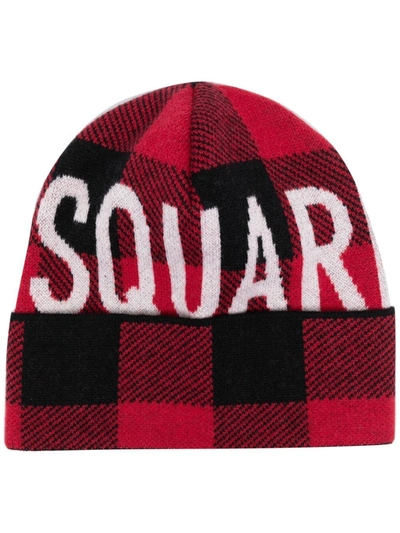 Dsquared2 Berretta Logo Check Beanie In Black/red