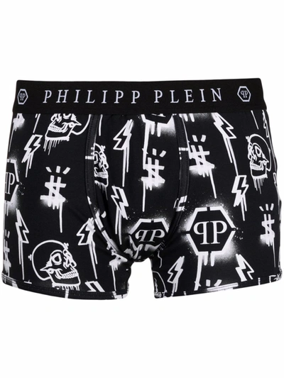 Philipp Plein Man Black Boxer Shorts With All-over Monogram In Black/white