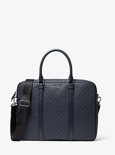 Michael Kors Hudson Logo And Leather Briefcase In Blue