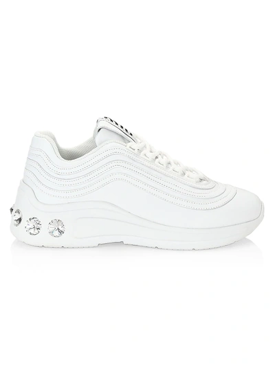 Miu Miu Women's Silver Miu Jewelled Chunky Leather Sneakers In Bianco
