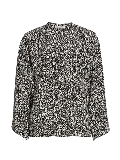 Michael Kors Micro Floral-print Pleated Poet Silk Tunic In Black White