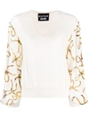 BOUTIQUE MOSCHINO V-NECK CHAIN-PRINT SLEEVE TOP