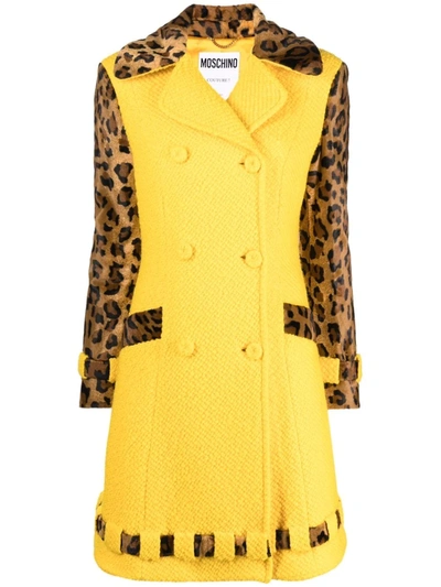 Moschino Leopard-print Bouclé Double-breasted Coat In Yellow