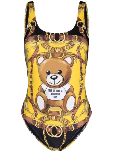 Moschino Teddy Scarf Print One-piece Swimsuit In Yellow,black