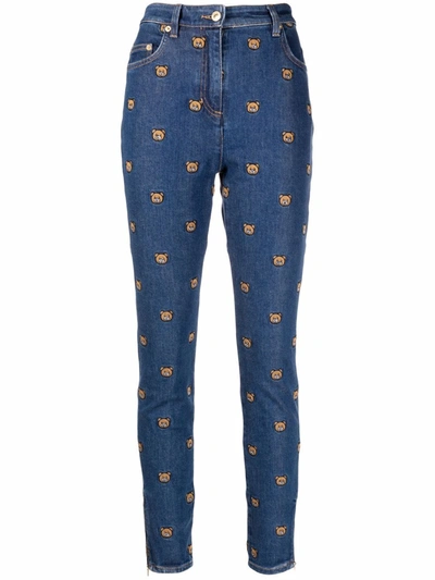 Moschino All-over Teddy Bear Embroidered Denim Jeans In Blue