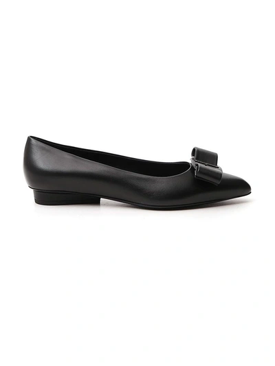 Ferragamo Viva Bow Leather Ballerina Flats In Black