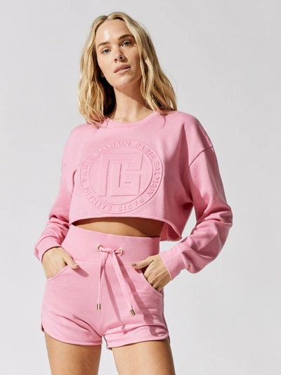 Balmain Cropped Embossed Cotton And Cashmere-blend Sweatshirt In Rose Clair