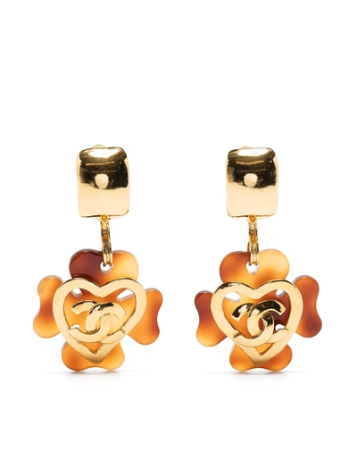 Pre-owned Chanel 1995 Clover-charm Dangle Clip-on Earrings In Brown