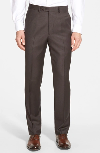 Santorelli Luxury Flat Front Wool Trousers In Espresso