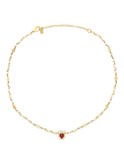 Gucci Gold-tone Crystal Heart And Faux Pearl Necklace