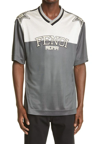 Fendi Mens Anthracite+sand Brand-appliqué Relaxed-fit Stretch-woven T-shirt Xl In Grey