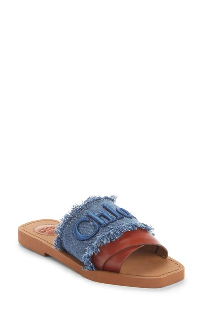 Chloé Woody Frayed Logo-embroidered Denim And Leather Slides In Blue