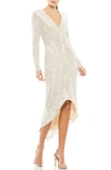 Mac Duggal Metallic Sequin Long Sleeve Faux Wrap Dress In Nude Silver