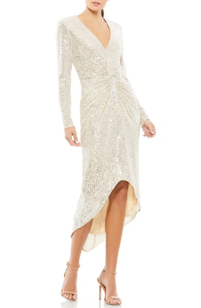 Mac Duggal Metallic Sequin Long Sleeve Faux Wrap Dress In Nude Silver
