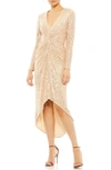 Mac Duggal Metallic Sequin Long Sleeve Faux Wrap Dress In Rose Gold