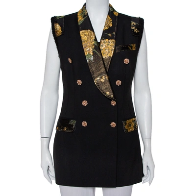 Pre-owned Dolce & Gabbana Black Wool Brocade Trim Detail Double Breasted Vest M