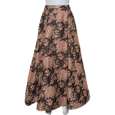Pre-owned Alice And Olivia Brown Lurex Floral Jacquard Pleated Rachelle Maxi Skirt S