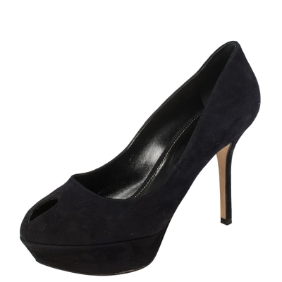 Pre-owned Sergio Rossi Navy Blue Suede Peep Toe Platform Pumps Size 38.5