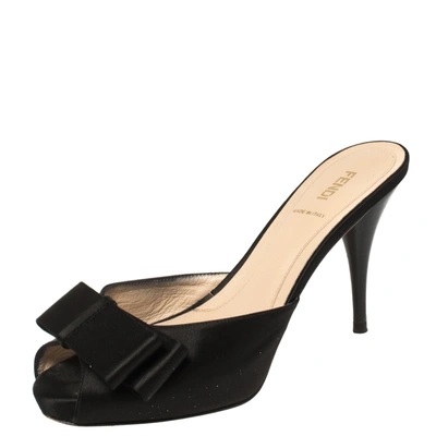 Pre-owned Fendi Black Satin Bow Peep Toe Slide Sandals Size 38.5