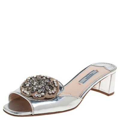 Pre-owned Prada Silver Patent Leather Embellished Block Heel Slide Sandals Size 36