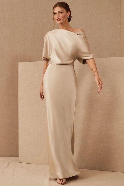 Amsale Pryce Off-the-shoulder Column Dress In Beige